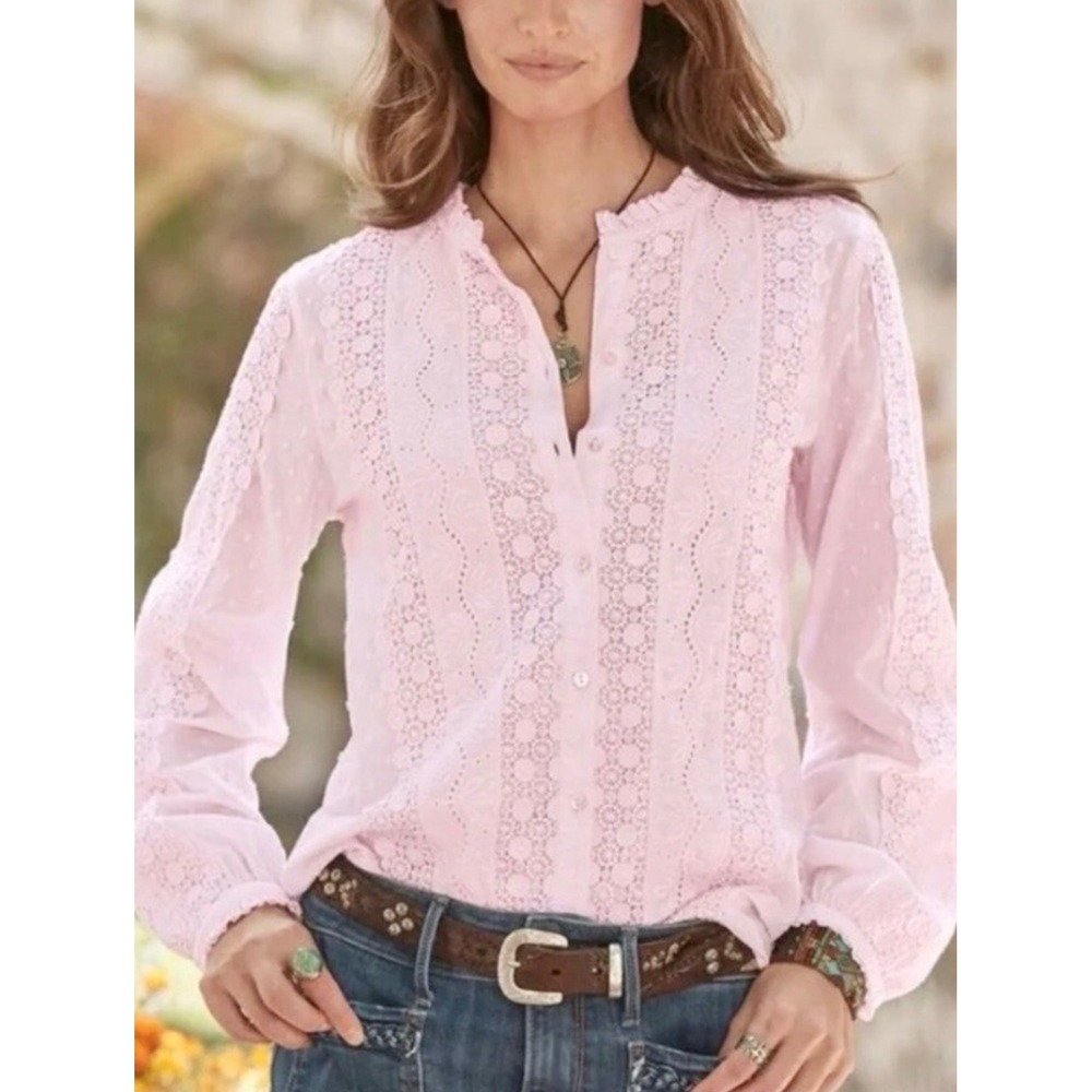 Sundance Mylah Eyelet Top Pink Lace Cotton Boho Blouse Petite Small PS